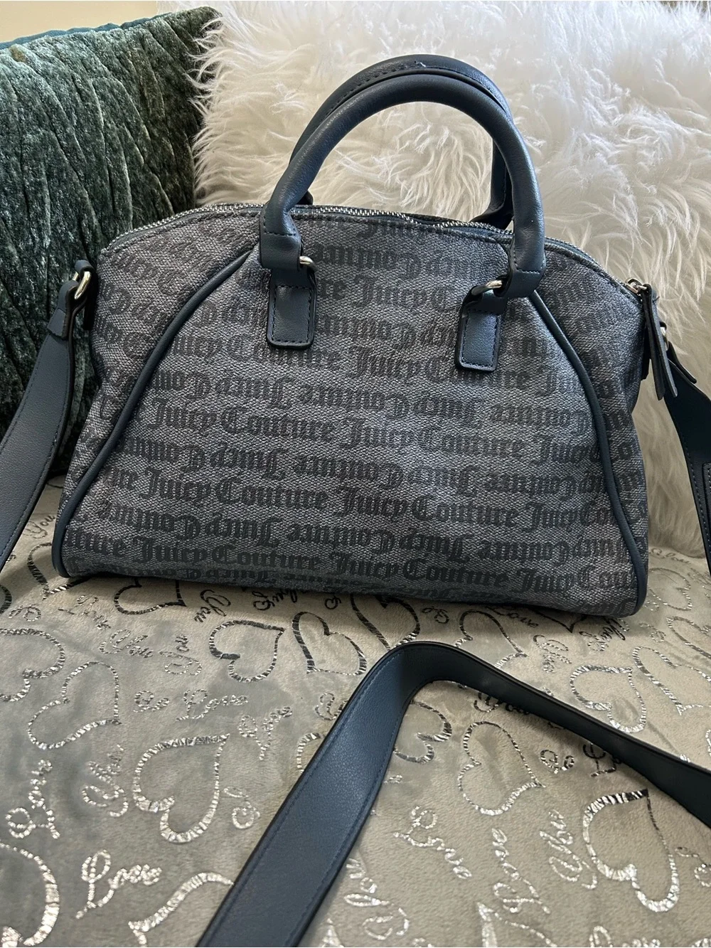 NWT Juicy Couture Eastside Westside Denim Monogram Satchel with Heart Key Charm